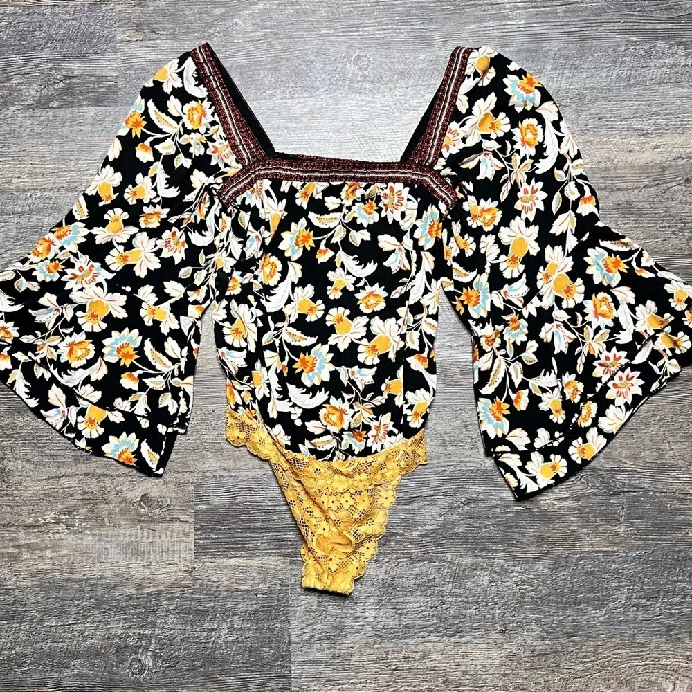 NWOT Free People Blooming Borders Bodysuit Women's, Black Combo, XS